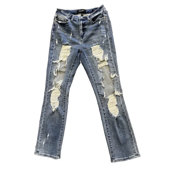 Judy Blue Distressed Shredded Jeans Straight Fit Size 7/28 Light Wash - Picture 1 of 16